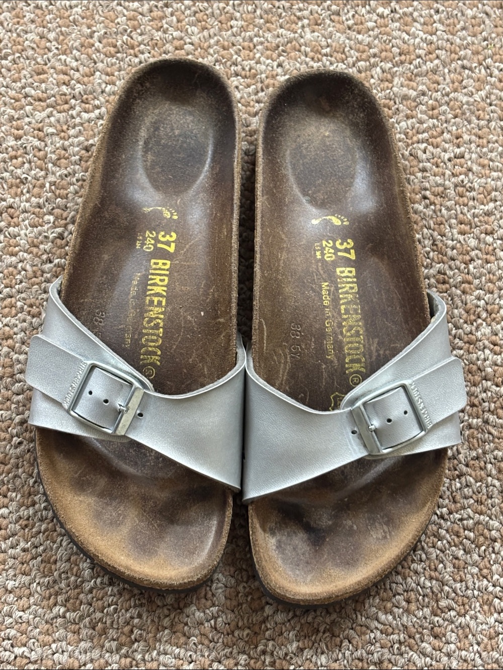 Birkenstock Silver Single-Strap Buckle Slide Sandals